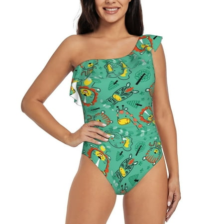 Lukts Funny Animals in Jungle Women One Piece Swimsuits Tummy Control One Shoulder Bathing Suits Ruffle Swimwear-Medium