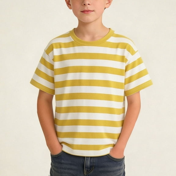 DJDLJWCJ Boys T Shirt Short Sleeve Shirts for Boys Crewneck Casual T-Shirt Summer Striped Shirt, Yellow 2-3 T