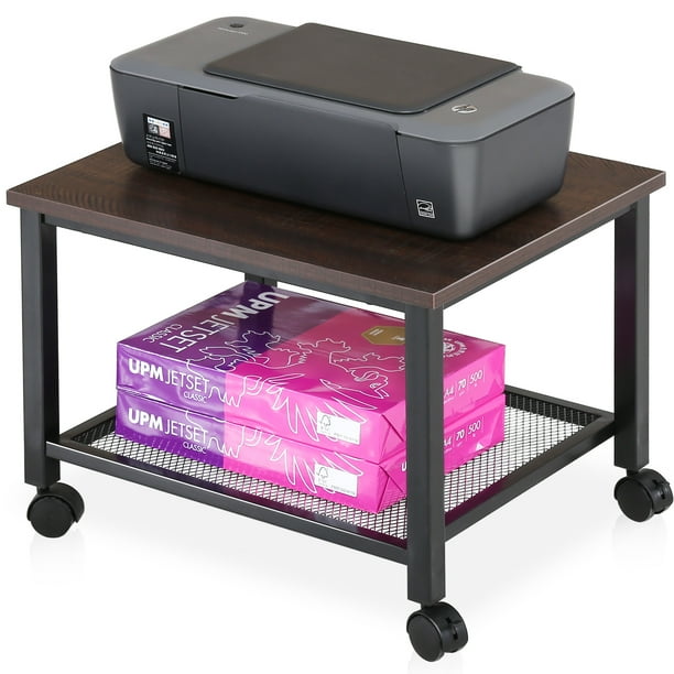 FITUEYES Printer Stand on Wheels, 2Tier Under Desk Wood and Mesh