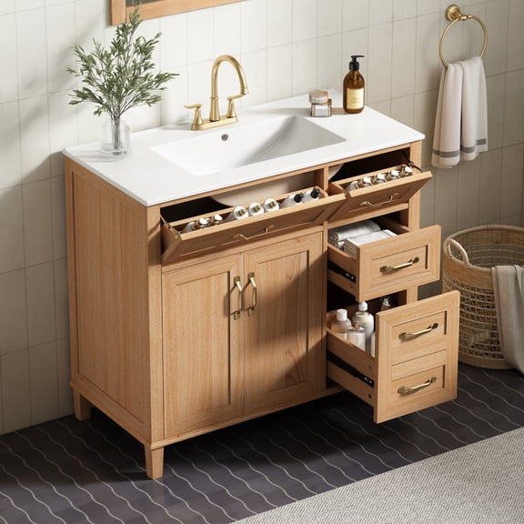 DRNANLIT 36" Bathroom Vanity with Ceramic Sink, Modern Natural Wood Grain Cabinet, Solid Rubberwood Legs, 4 Drawers & Soft-Close Double Doors