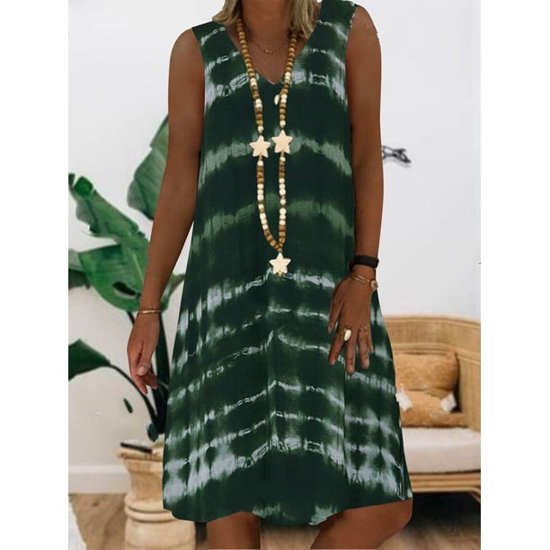 Novedad de verano tie-dye estampado cuello en V sin mangas vestido de longitud media MABOTO Verde 3XL