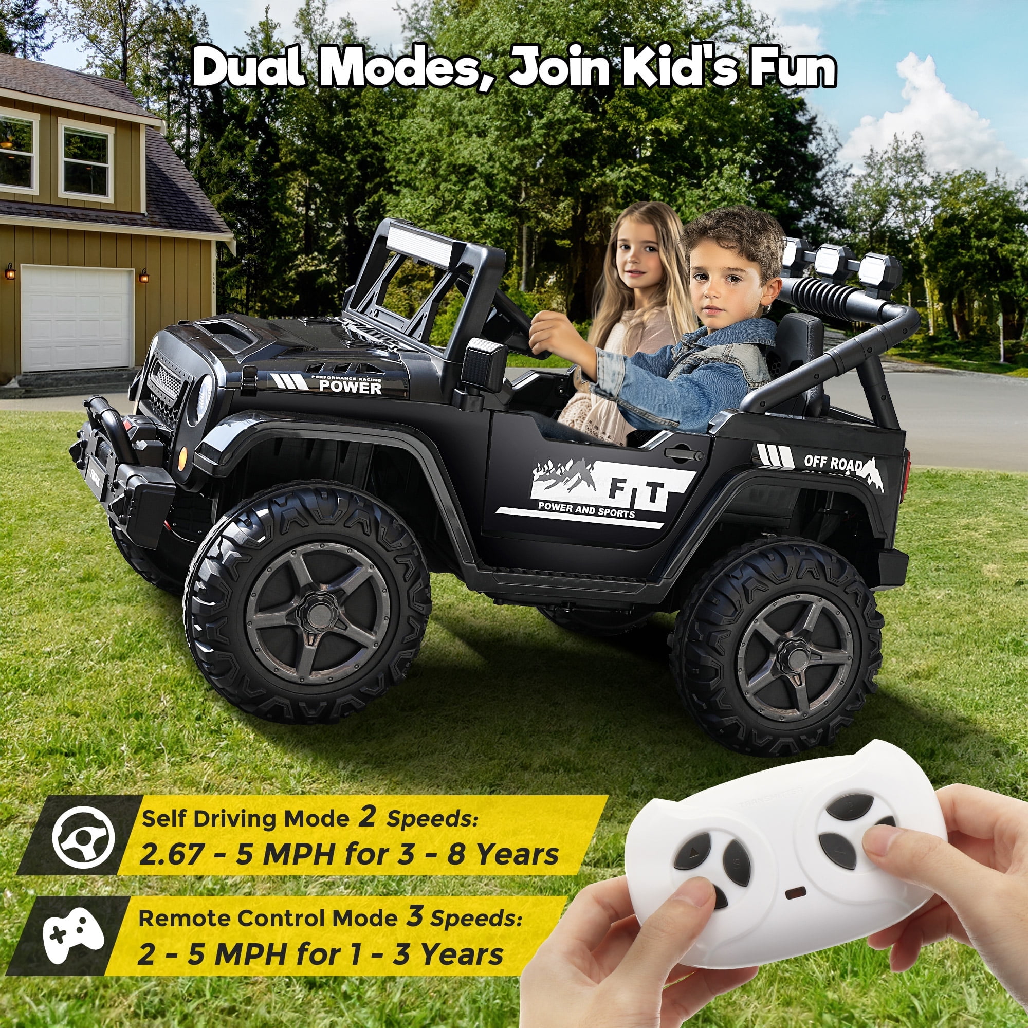 FUNTOK 24 Volt 2 Seater Kids Ride on Toys w/ 20 " Large Seat, 4 x 200W Motor Electric Vehicle Car, 4WD/2WD Switchable Battery Powered Ride on Truck, 3 Speeds with Remote Control & LED Lights, Black