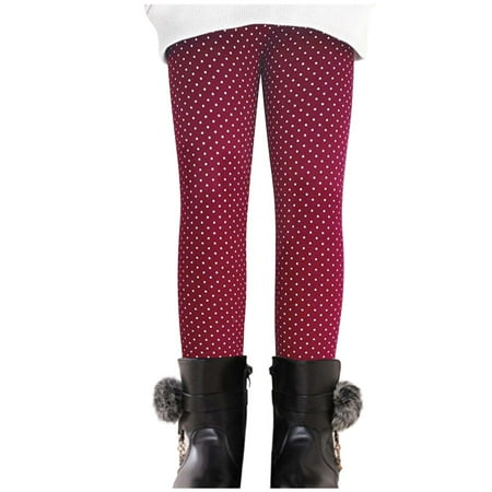 

Lovskoo Girls Ankle Length Leggings Fall Winter Elastic Pants Fashion Polka Dot Printing Fleece Warm Casual Plush Leggings For 2-11 Years Old Wine