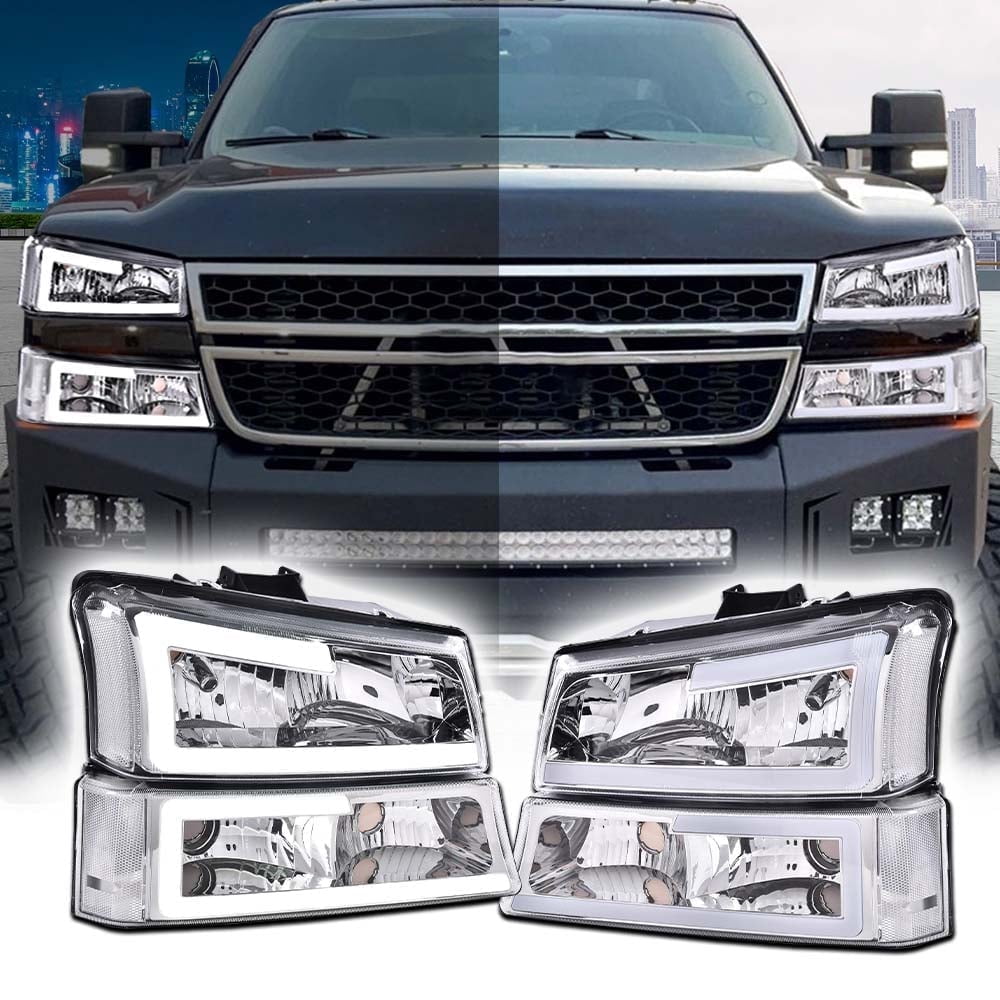CROSSDESIGN Clear LED DRL Headlights Projector Headlamps Fit for 2003-2007 Chevy Silverado/Avalanche