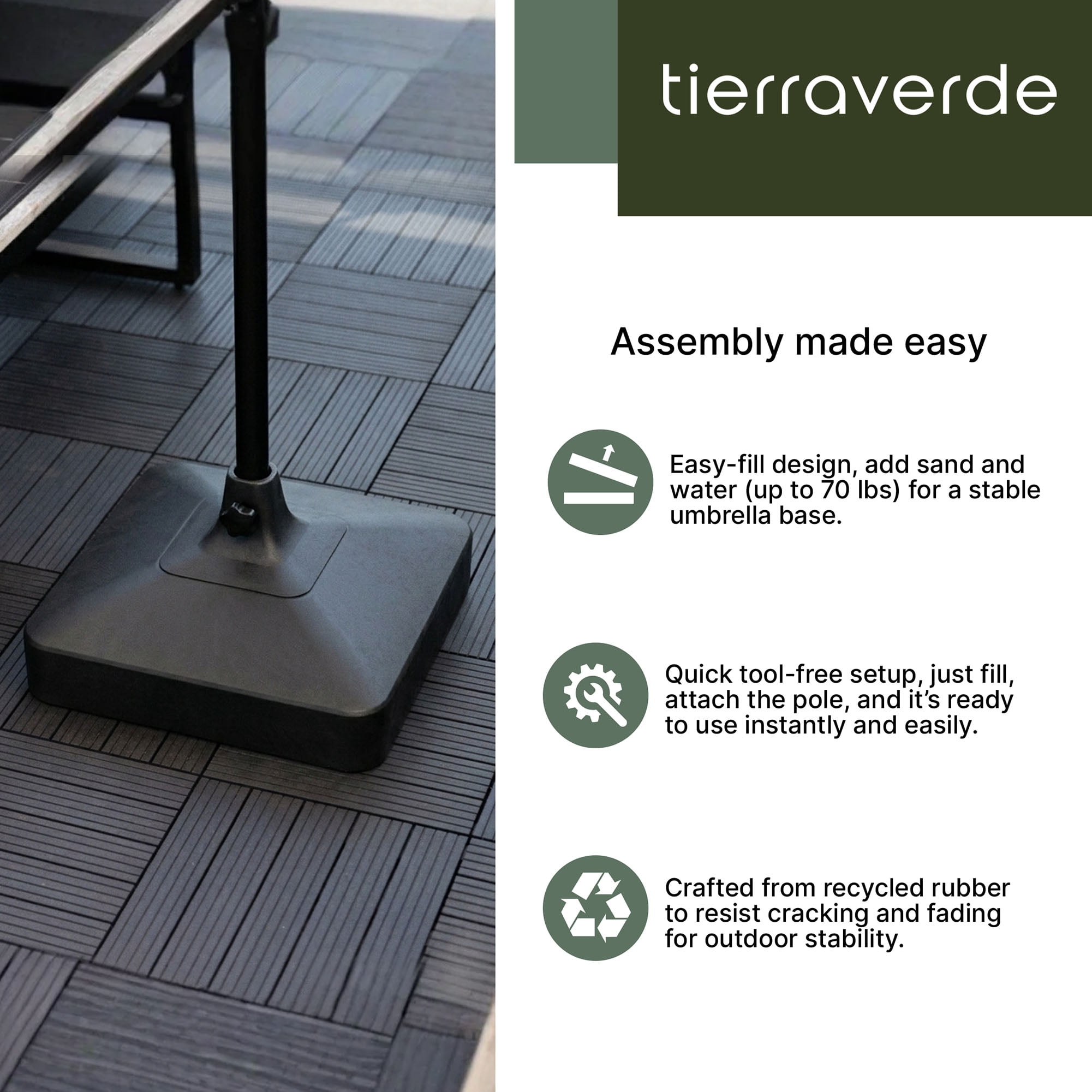 Tierra Verde 19.5" x 6.5" H Square Umbrella Base, Easy-Fill Weatherproof Stand, Black