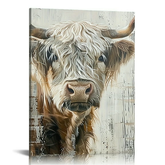 Vintage Rustic Highland Cow Canvas Wall Art Print, Animal Theme Wall Art, Farmhouse Decor, Wood Framed Ready to Hang, for Living Room, Bedroom, Dining Room, Office