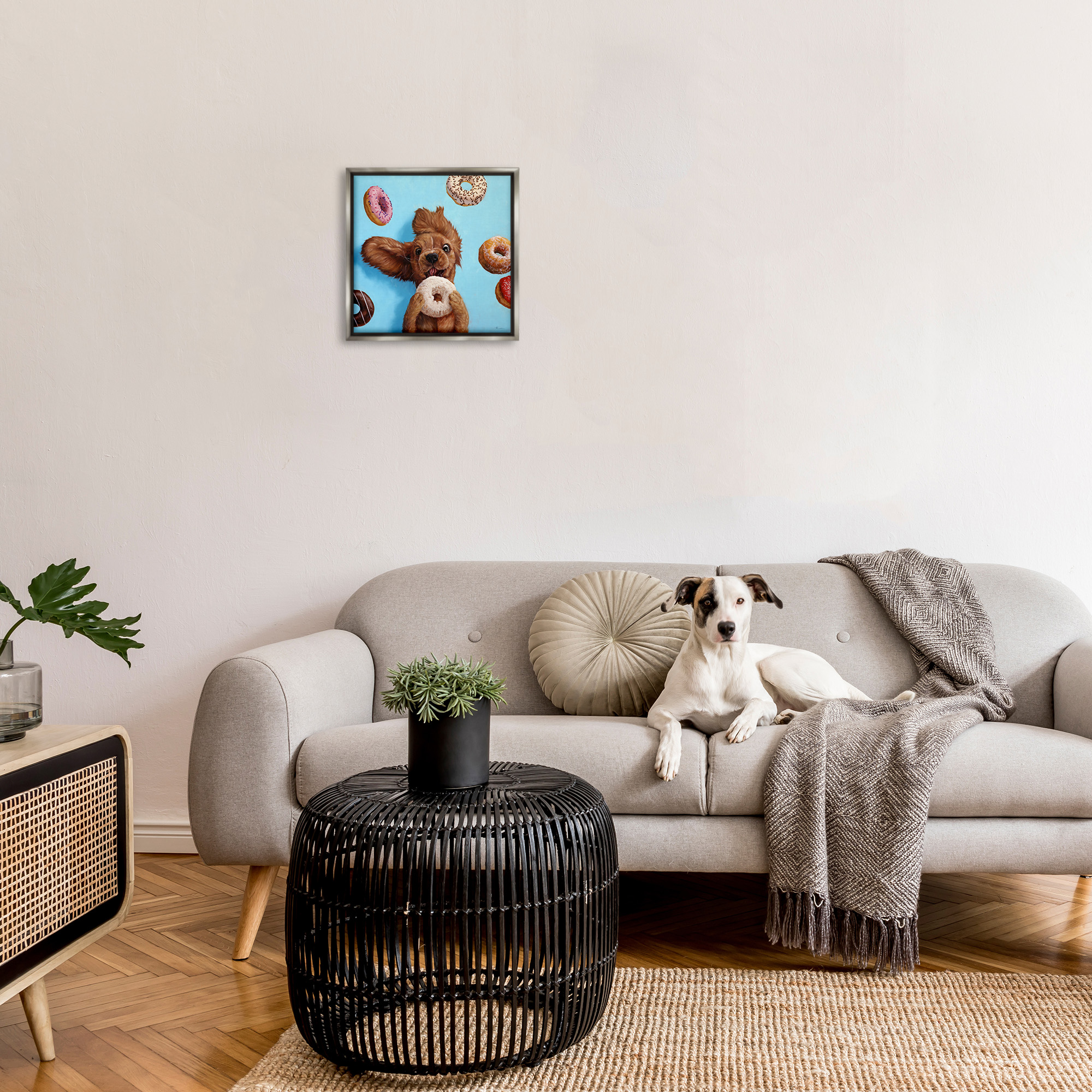 Stupell Industries Funny Dog Licking Donut Animals & Insects Painting Gray Floater Framed Canvas Art Print Wall Art, 18 x 18