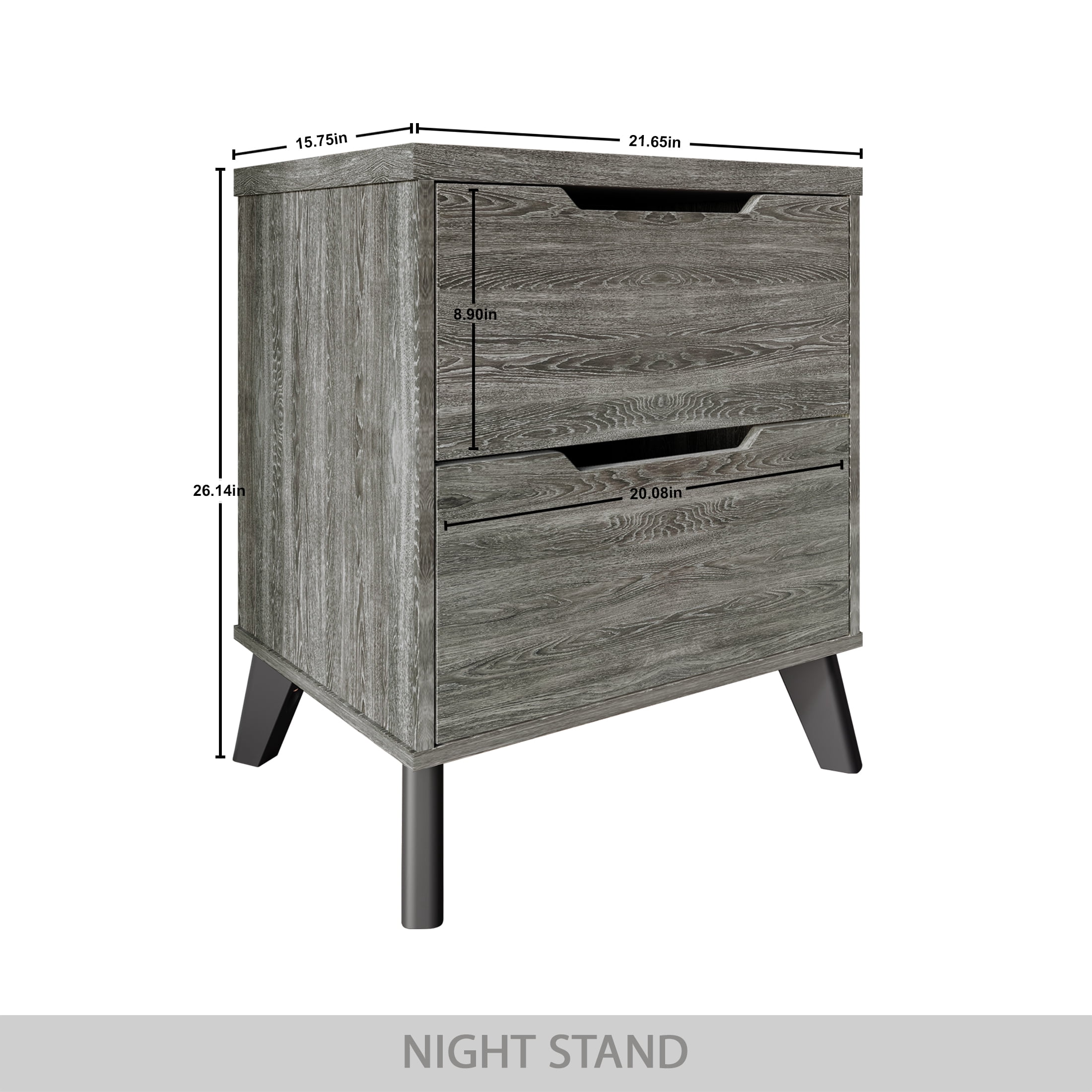Castle Place Modern 2-Drawers Wooden Nightstand, Dark Grey