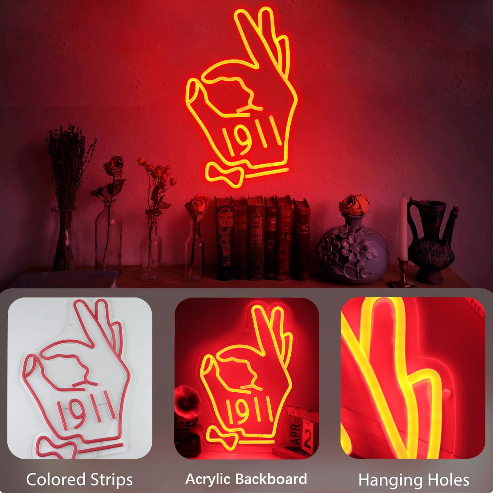JFLLamp LED Neon Sign Hand Gesture Light Red Dimmable Wall Decor USB Powered Hanging Light for Room Dorm Decoration