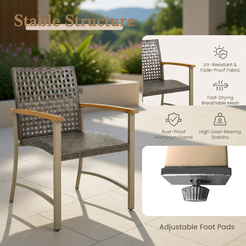 Hommoo Set of 4 Outdoor Rattan Dining Chairs with Acacia Wood Armrests, Weather-Resistant PE Wicker & Powder-Coated Metal Frame for Patio, Backyard, Poolside & Balcony, Brown