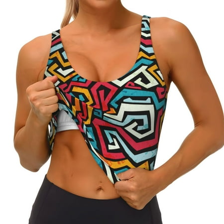 Qokaie Geometry Pattern Womens Scoop Neck Sports Bra Breathable Workout Vest Padded U Back Medium Impact Fitness Gym Yoga Bra Workout Crop Top