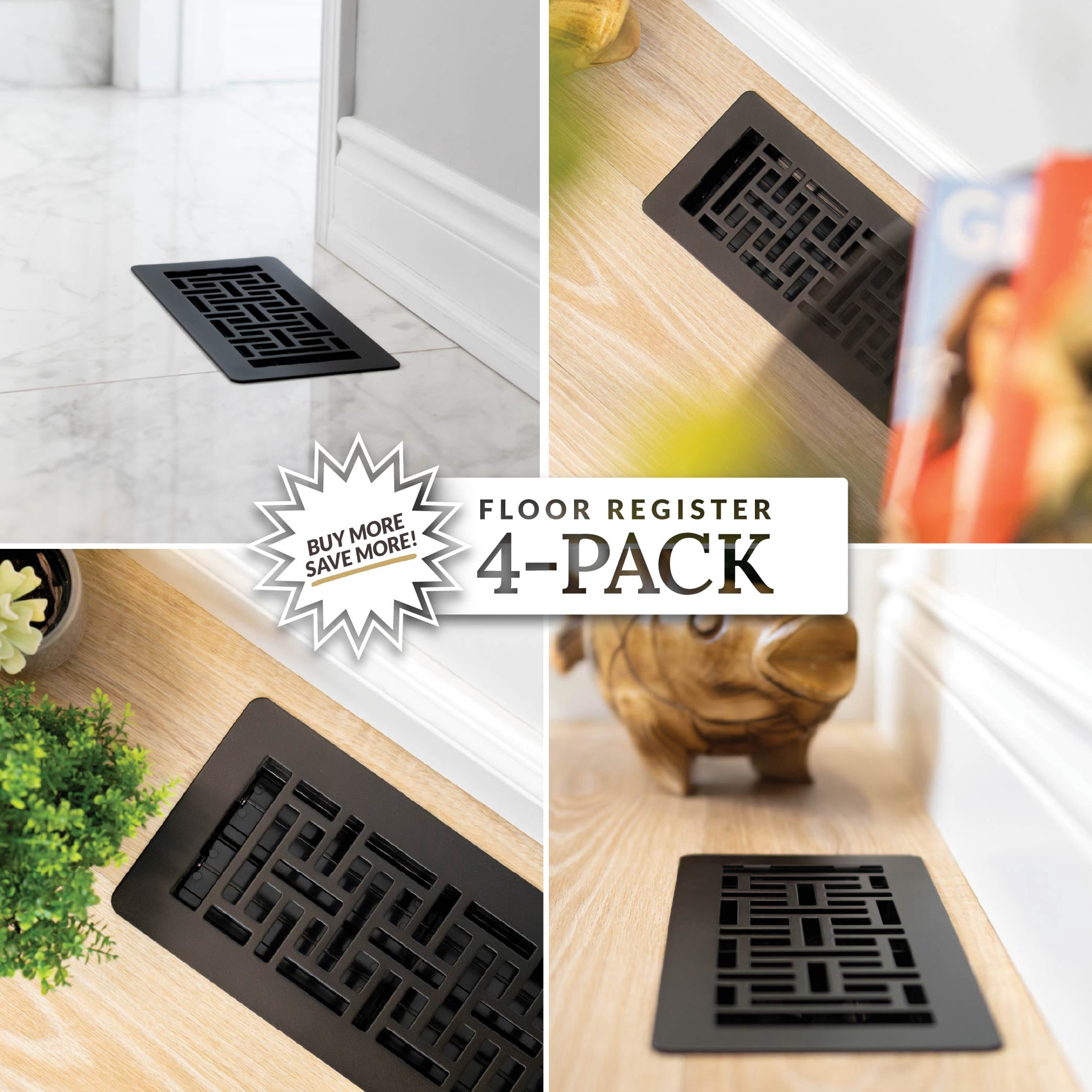 Decor Grates (4-Pack) 4x10 Oriental Low Profile Floor Register Vent Cover, Adjustable Airflow Control, Textured Black (LAJH410-BLK)
