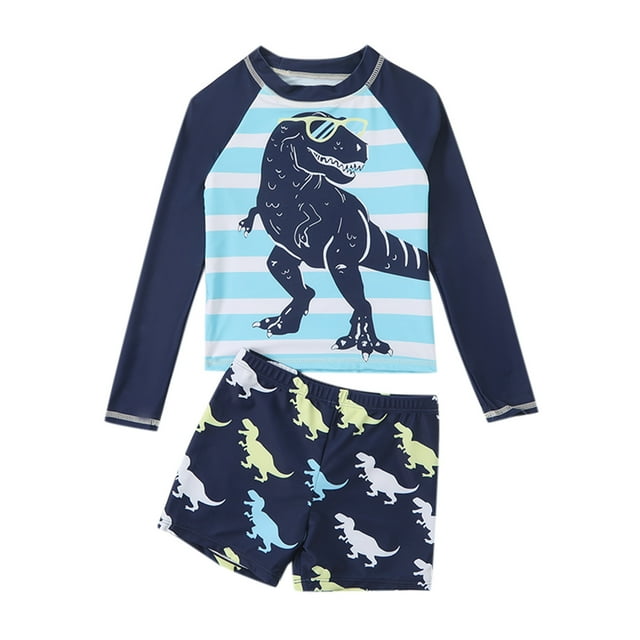 Hiiyo Big Boys 2-Piece Swimsuit Dinosaur Print Long Sleeve Rash Guard Bathing Suit