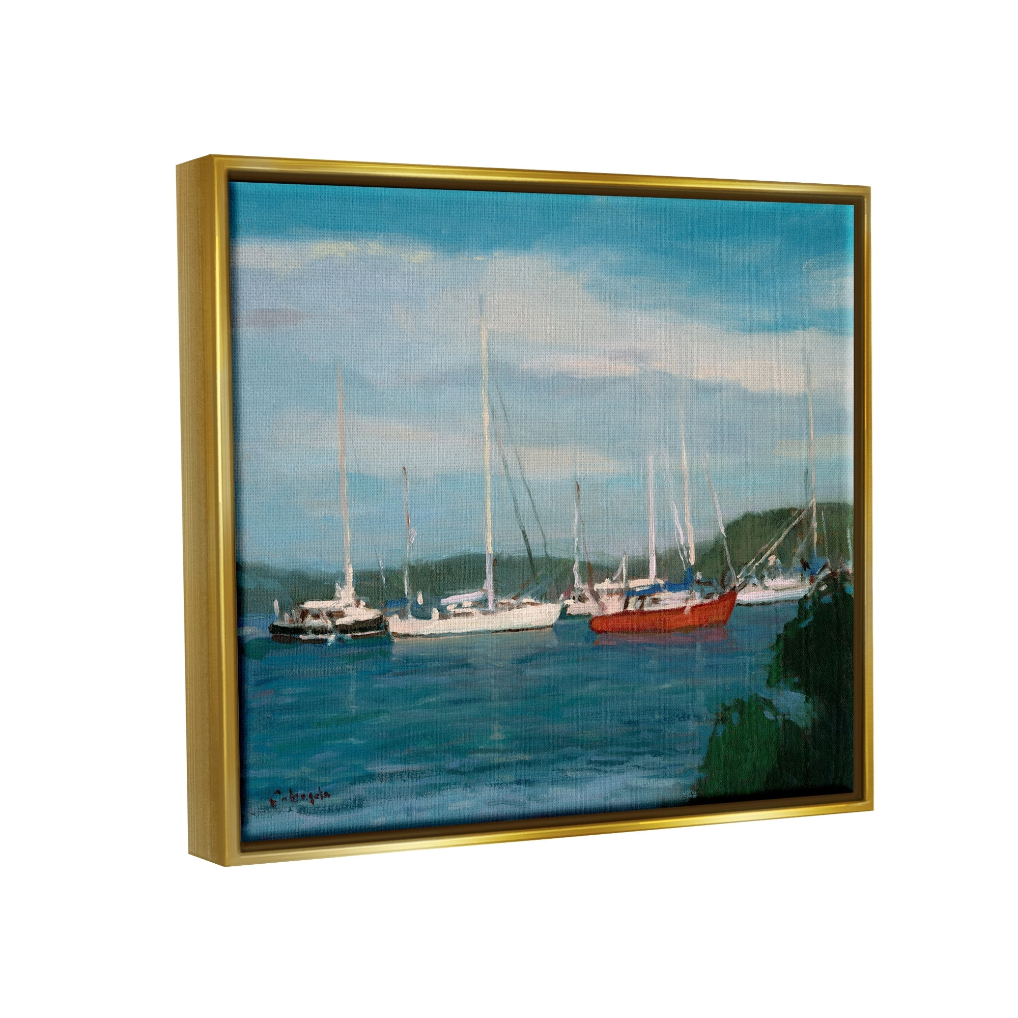 Stupell Industries Sailboat Fleet Afloat Ocean Water Distant Hills Painting Metallic Gold Floating Framed Canvas Print Wall Art, Design by Stephen Calcasola