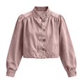thumbnail image 6 of Womens Cropped Denim Jacket Button Down Y2K Ruffle Jean Shacket Mock Neck Casual Tops Long Sleeve Retro Washed Denim Coat Pink M, 6 of 6