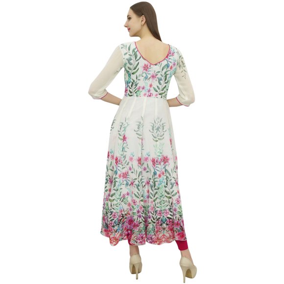 Bimba Women's Floral Print White Anarkali Flared Classic Blouse Kurti Kurta-6