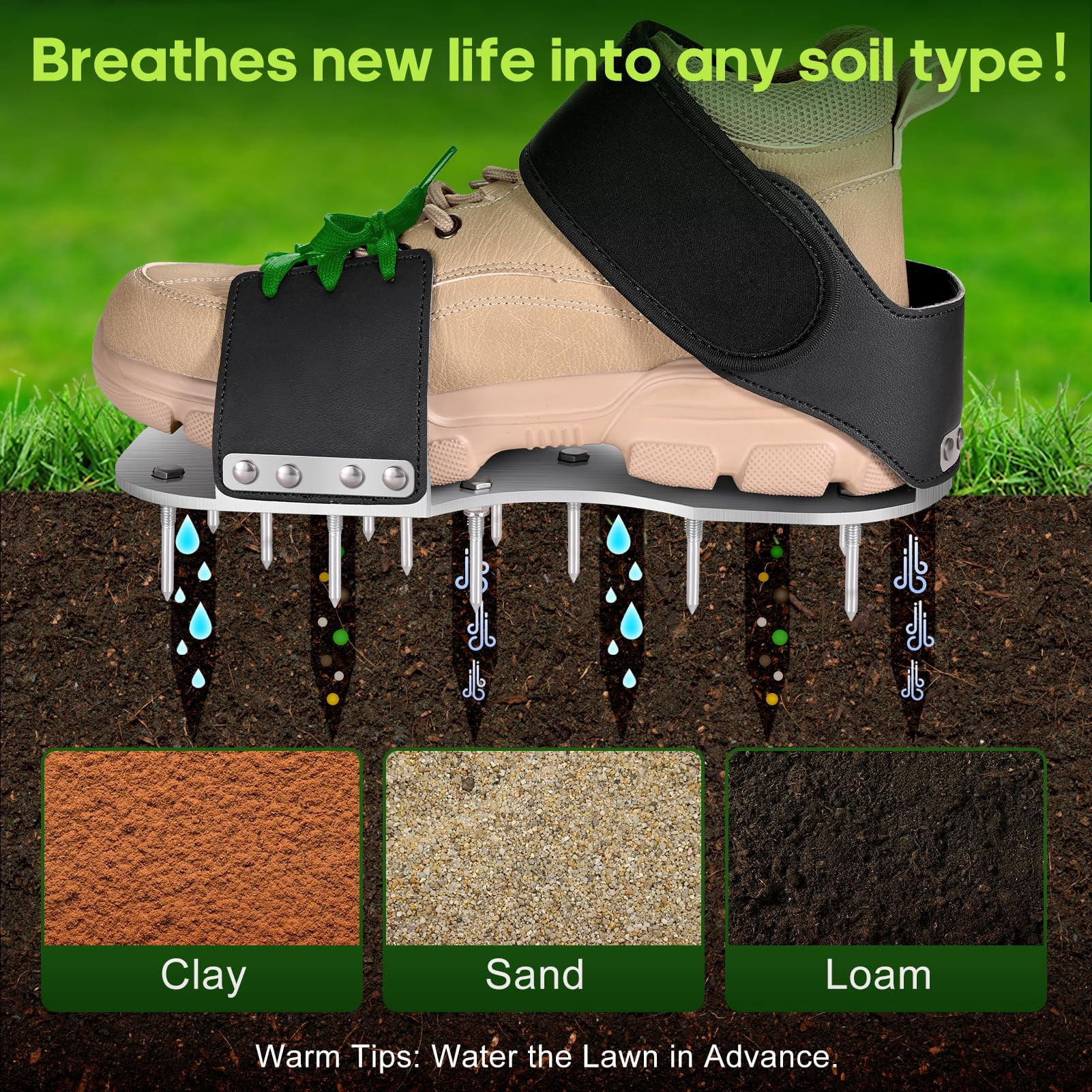 Aerator Shoes  Lawn For Grass With 3mm Metal Bottom Aeration Adaptable Straps Pre-assembled Aerating Bend-resistant Spikes Green