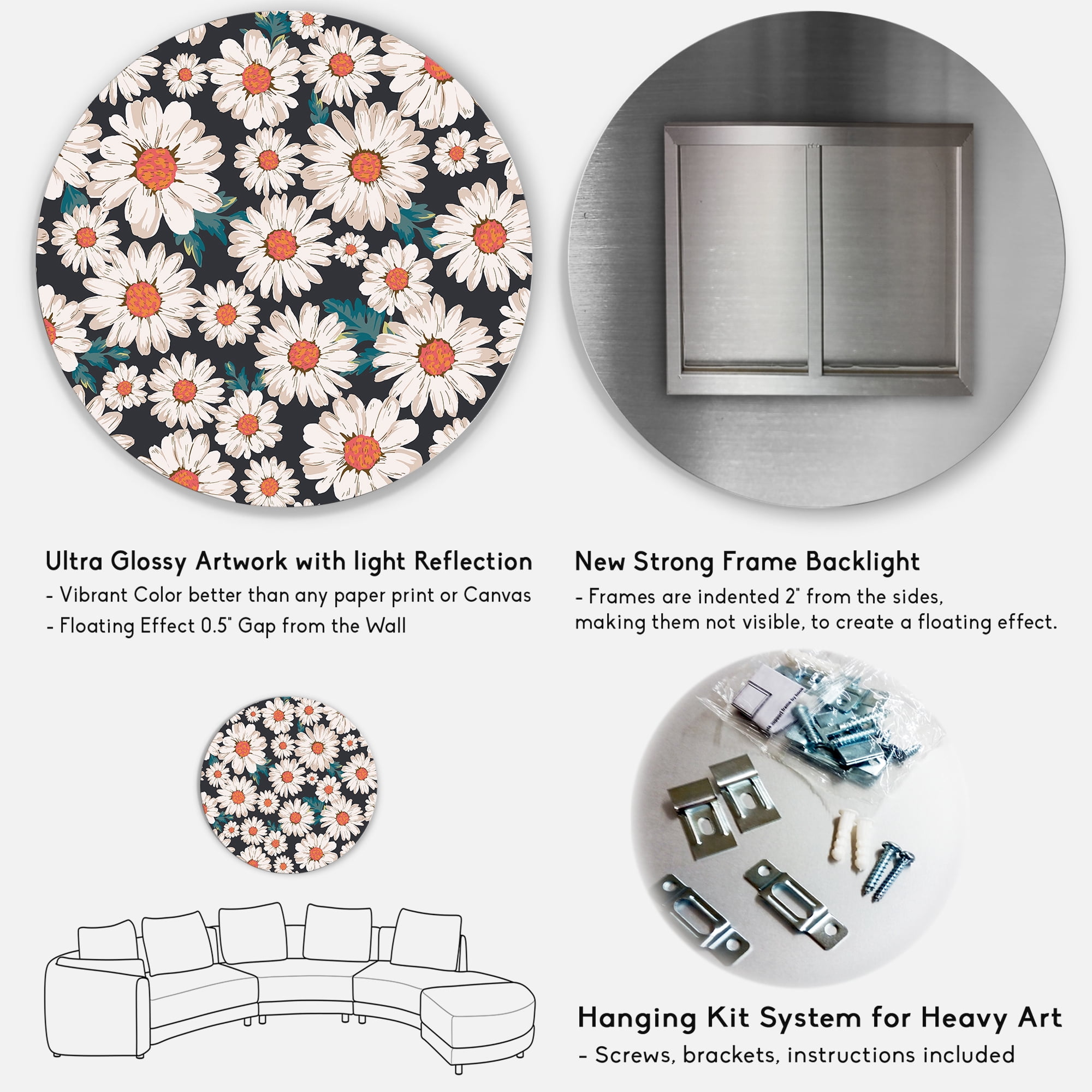 Designart 'Prolific of White Daisy Flowers' Traditional Circle Metal Wall Art 11x11 - Disc of 11