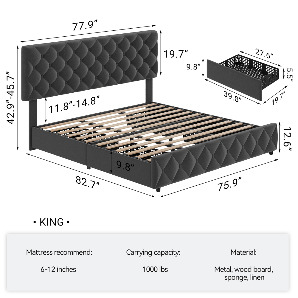 Eastvita Full/Queen/King Size Bed Frame with 4 Storage Drawers and Headboard, Linen Upholstered Platform Bed Frame, Diamond Stitched Button Tufted, Easy Assemble, Noise-Free, No Box Spring Needed