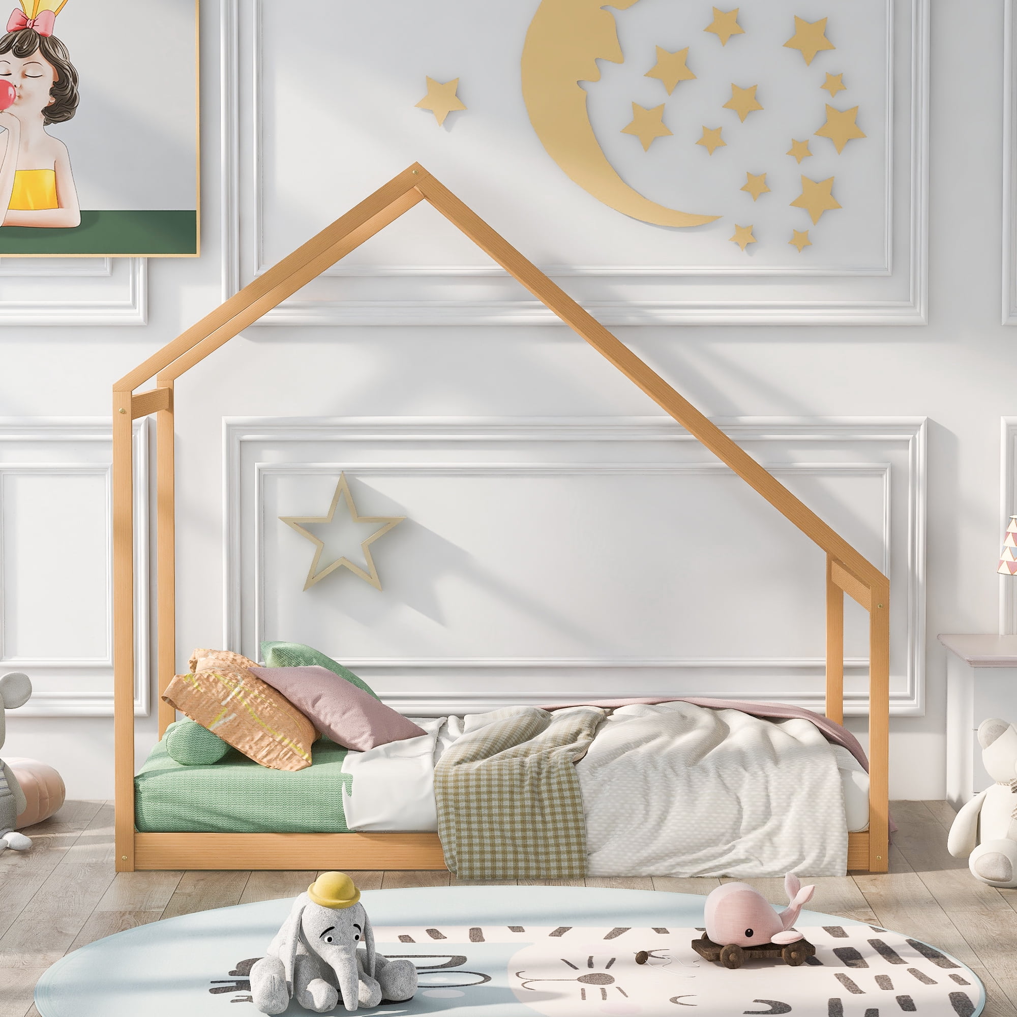 Gewnee Wood House Bed,Twin Size Montessori Wood Bed Frame with Roof for Kids Toddlers,Natural