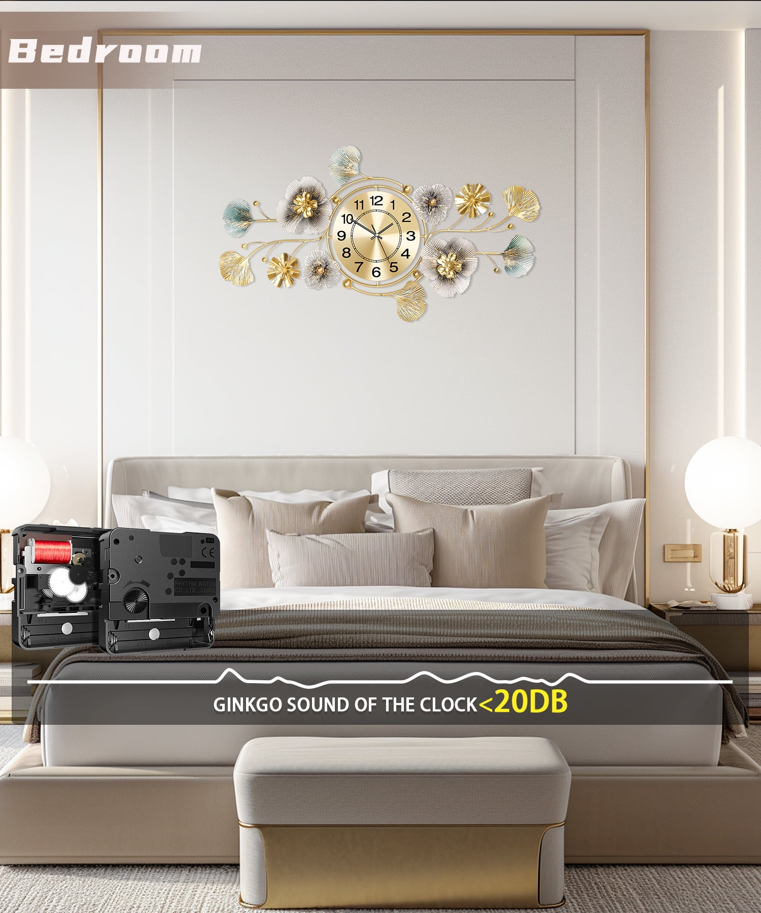 Wall Clock,Large Wall Clock,Silent Wall Clocks Battery Operated, Metal Ginkgo Leaf Design, Can Be Suspended Vertically or Horizontally,for Living Room, Entryway, Office or Bedroom Decor(33''x14'')