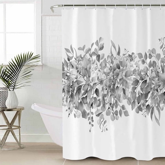 Black Grey Eucalyptus Leaves Waterproof Fabric Shower Curtain, Spring Summer Botanical Floral Shower Curtain for Bathroom Curtains Bathtubs Hotel Washable Shower Curtains with 12 Hooks Small 36x78in