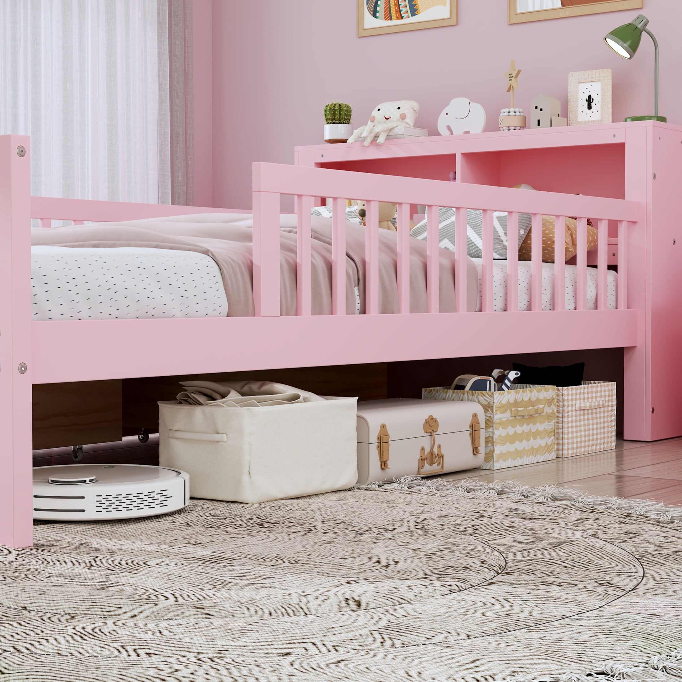 Noble House Twin Bed Frame with Headboard Storage Rack, 2 Drawers, and Safety Guardrails, Pink