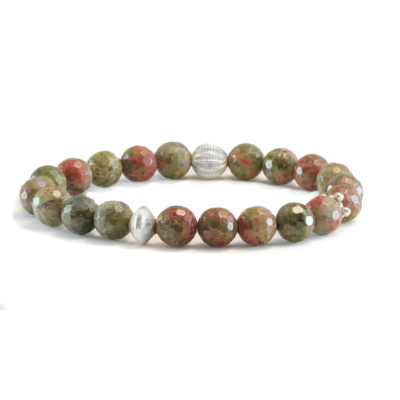Unakite Bracelet Peachy Pink Green Faceted Round 8mm Stones Silver-tone Beaded Accents Womens Adjustable Stretch 7 8 Inch