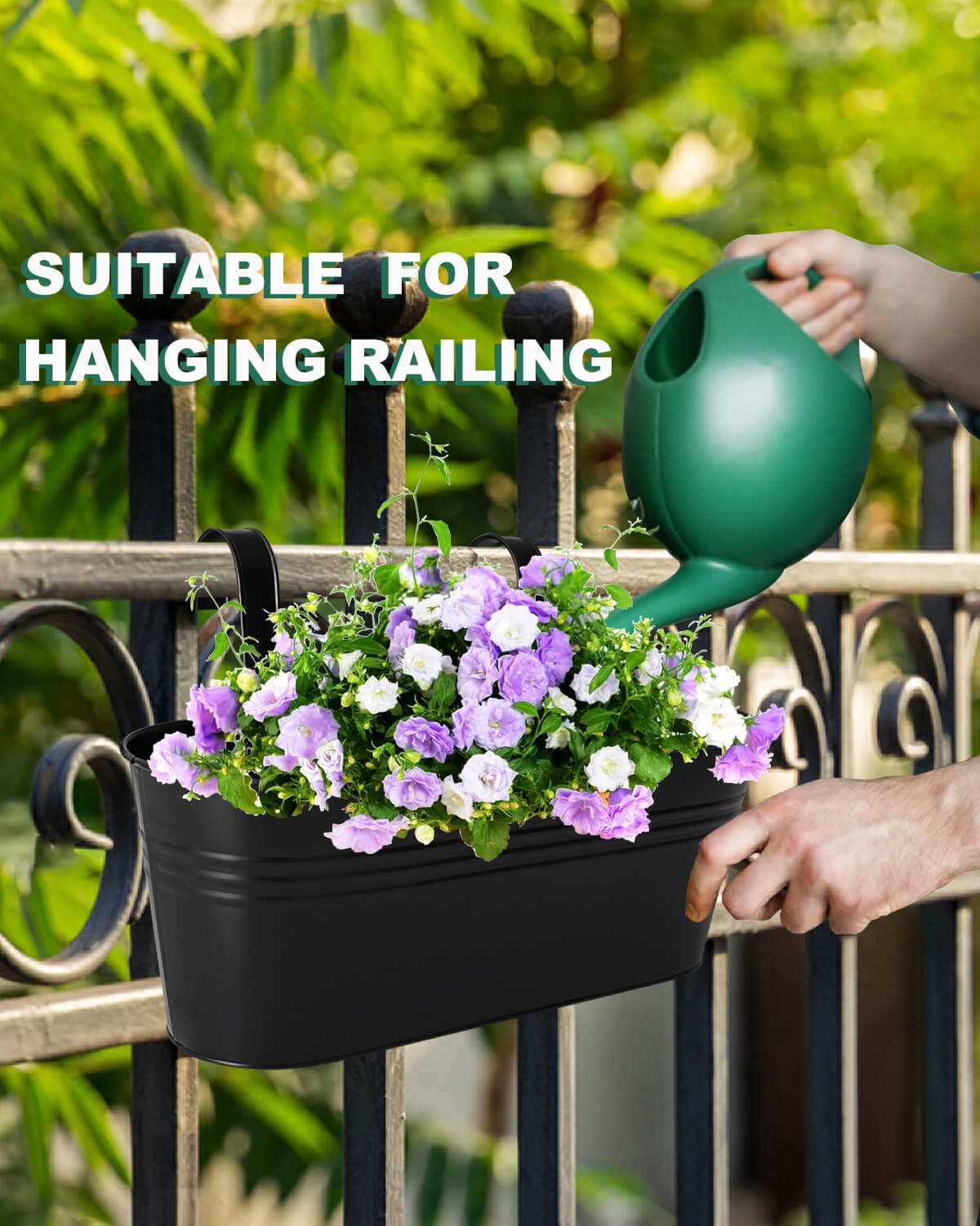 Metal Railing Planter for Outdoor Plants - 3 Pack 16 Inch Balcony Hanging Planter Box with Detachable Hooks and Drain Holes Oval Hanging Pots Fence Planters for Railing Garden Fence, Black