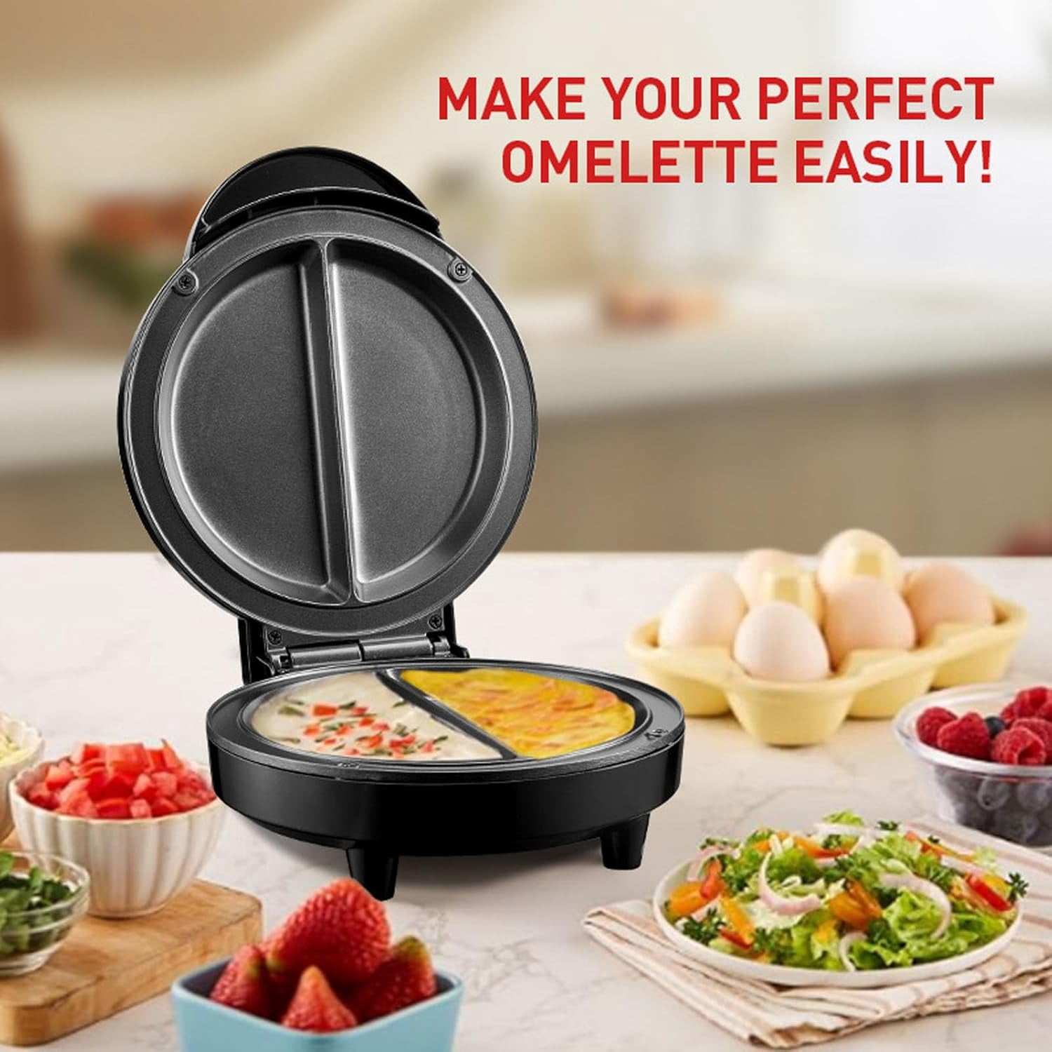 Electric Omelette Maker - Dual-Zone 1000W Double-Sided Egg Cooker with Non-Stick Plates, Indicator Lights, Cool-Touch Handle, Compact Breakfast Maker for Two Omelettes