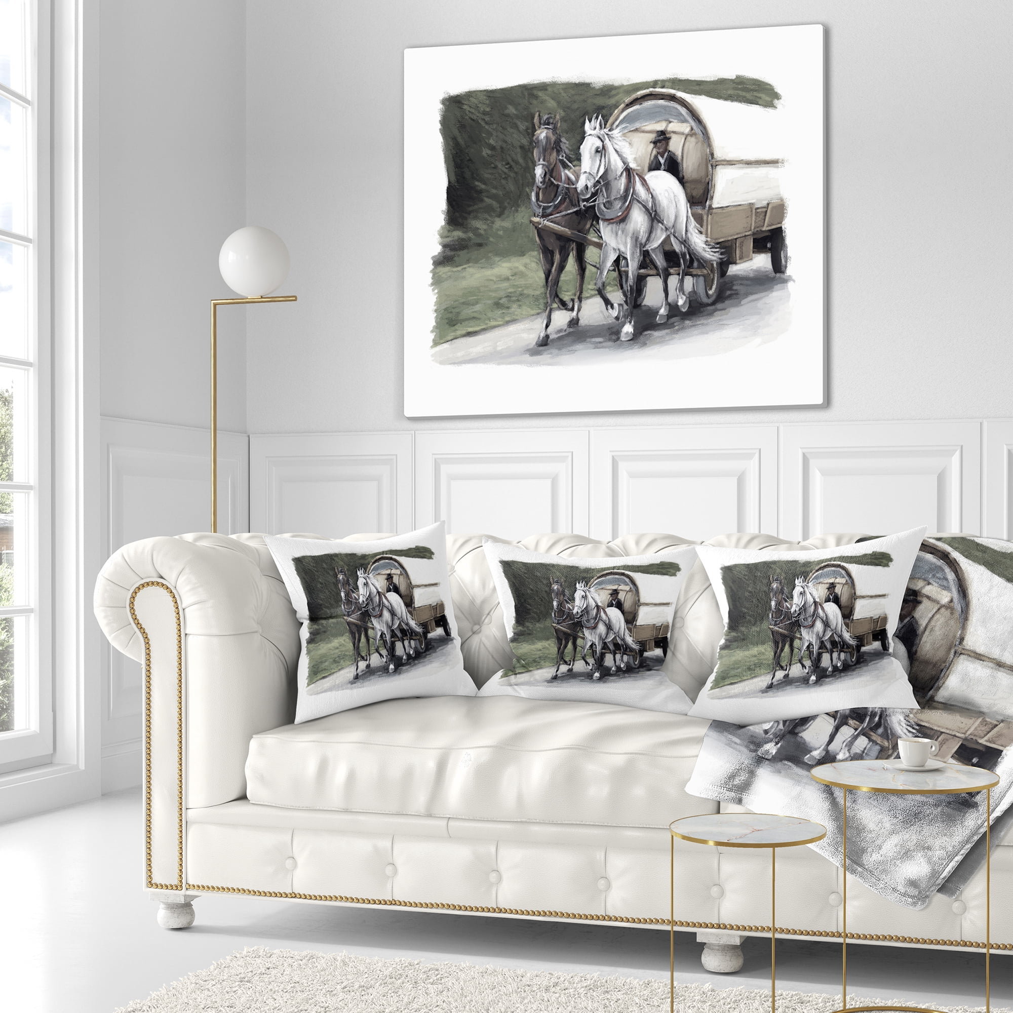 Designart Horse Cart Black and White - Animal Painting Throw Pillow - 16x16