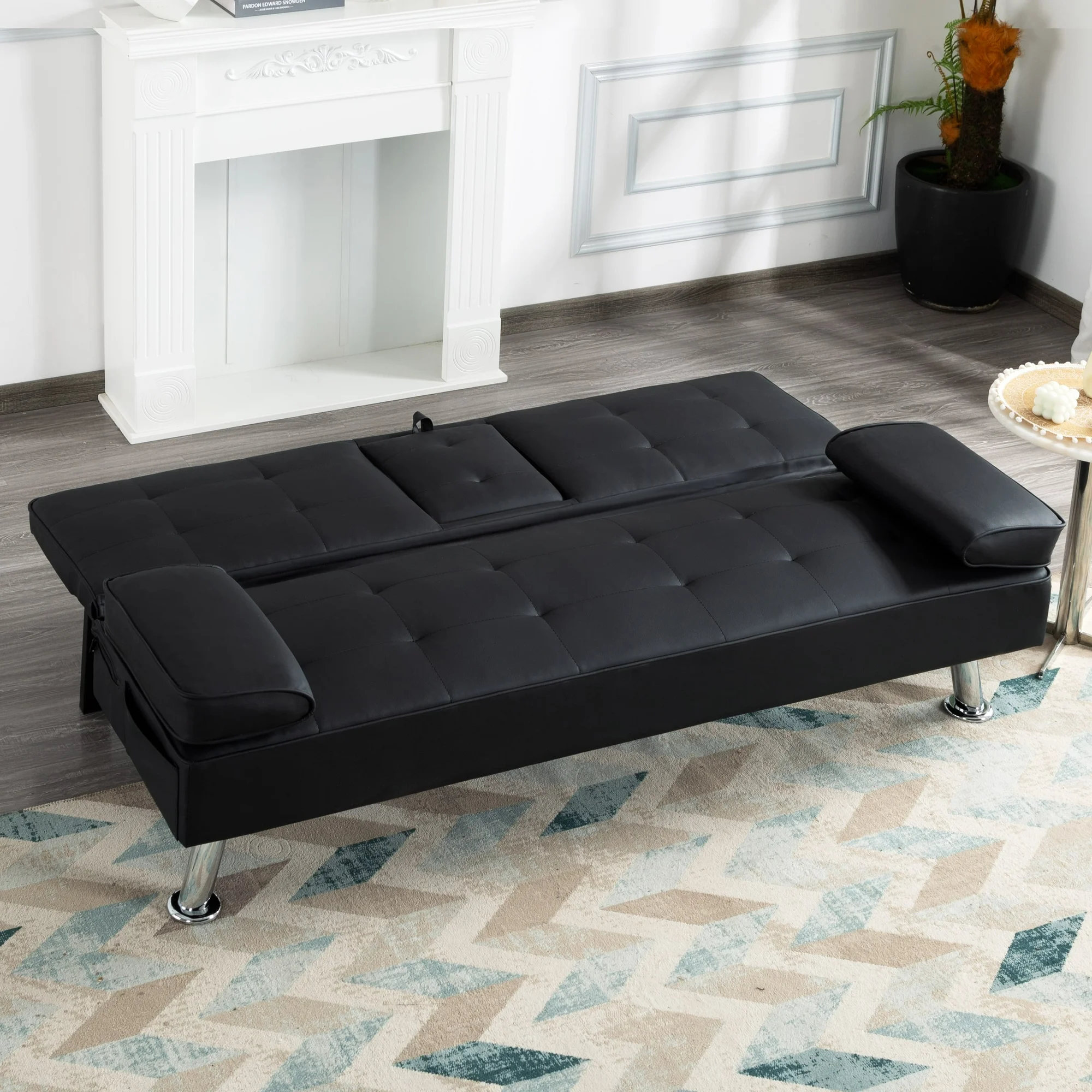 BSHTI Futon Convertible Sleeper Sofa Bed,With 3-Position Adjustable Backrest,Upholstered in PU Fabric,a Side Storage Pocket,Twin-Size Sleeper Sofa,Black