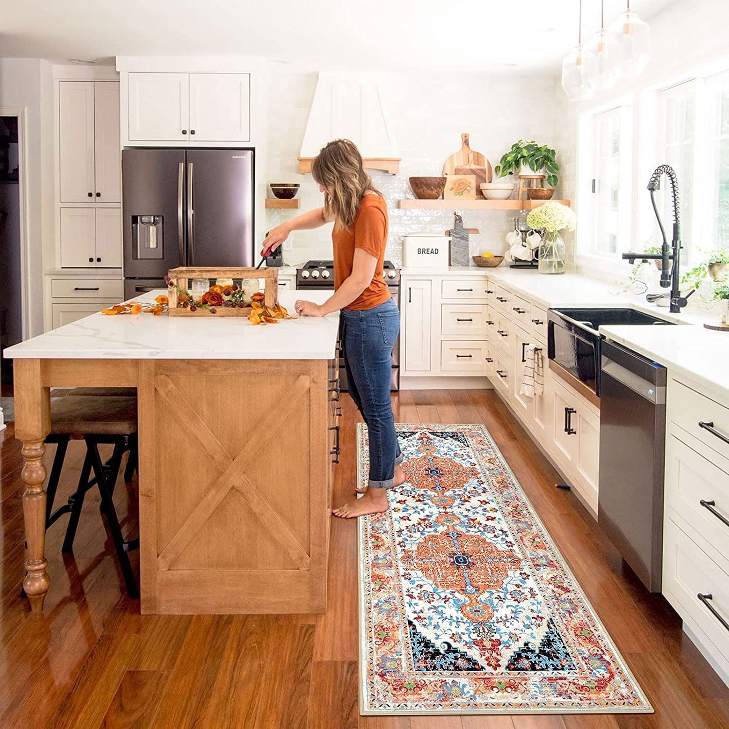 Findosom 2'x6' Vintage Boho Runner Rug Washable Non-slip Area Rug,Hallway Indoor Farmhouse Bedroom Kitchen Living Room Non Shedding Runner, Contemporary Low Plie Floor Carpet Doormat,Orange