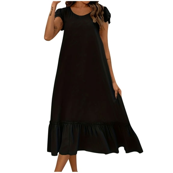 SEMPAI Summer Dress for Women Summer Dresses Short Sleeve Round Neck Solid Knee-Length Sundress Summerdresses Active