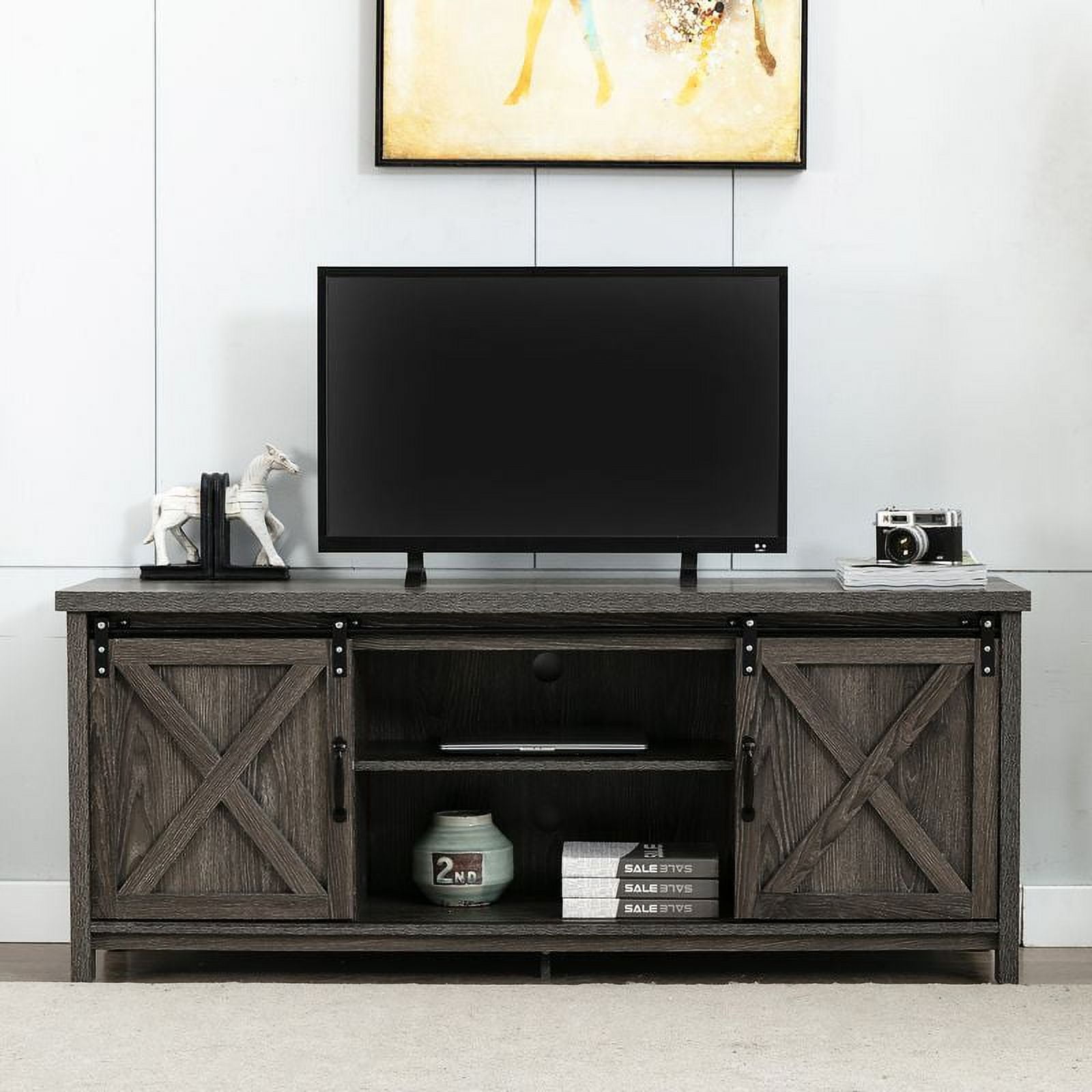 Yaoping 58" Farmhouse Sliding Barn Door TV Stand for TVs Up to 65" Television Cabinet(Dark gray)
