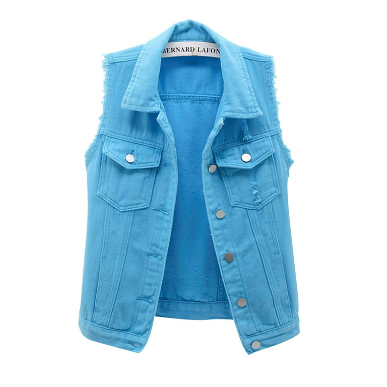 Gureui Womens Cropped Denim Vest Sleeveless Solid Color Ripped Washed  Button Down Oversized 90s Boyfriend Jean Jacket Outerwear