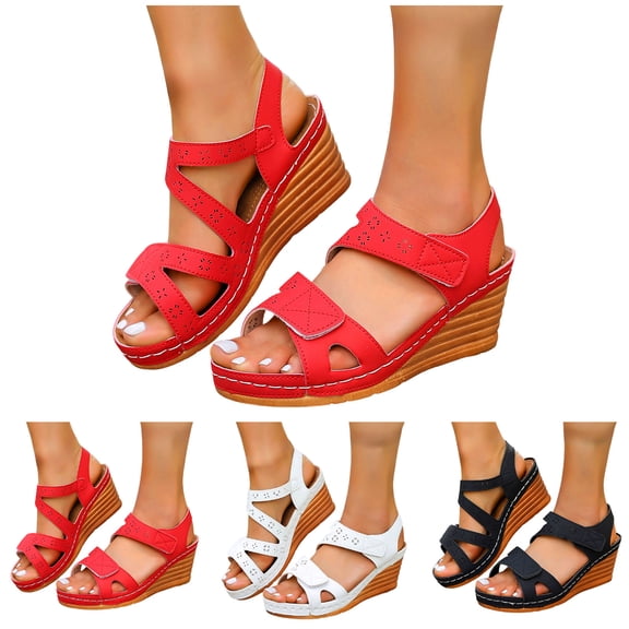 Dakaela Women's Low Wedge Heels Summer Dressy Platform Sandals Open Toe Comfortable Walking Shoes with Adjustable Hook and Loops Black 6