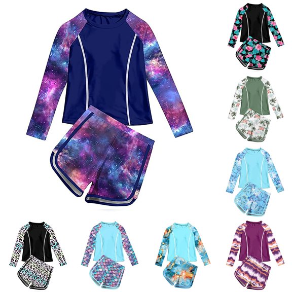 XIYON Toddler Kids Girls Swimsuit 2 Piece Long Sleeve Leopard Print Tankini Top And Bottoms Upf 50 Fashion Swimwear For Swimming Beach Pool,Purple,8-9Years