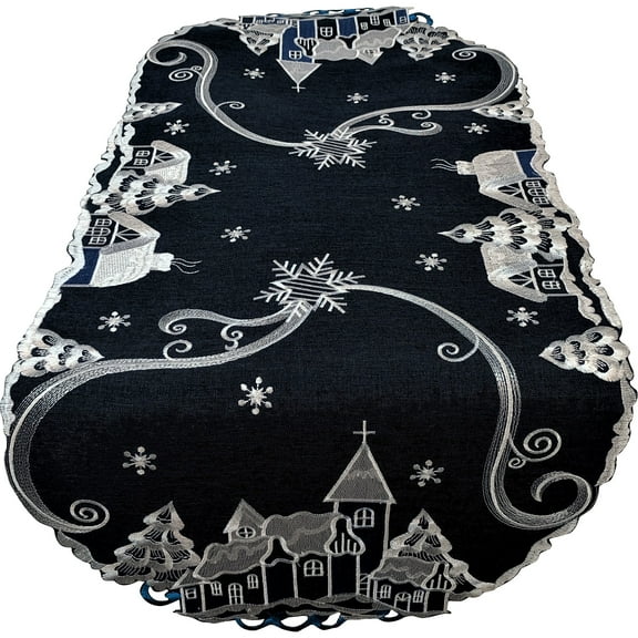 Doily Boutique Christmas Table Runner with Village and Church on Blue Burlap Style Fabric Size 34 x 15 inches