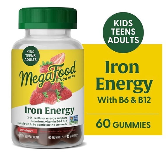 MegaFood Iron Energy Gummies, Iron Supplement for Women, Men, Teens & Kids with Vitamin B12 & B6, Vitamins, from The Makers of Blood Builder Supplement, Strawberry Flavor, 60 Count