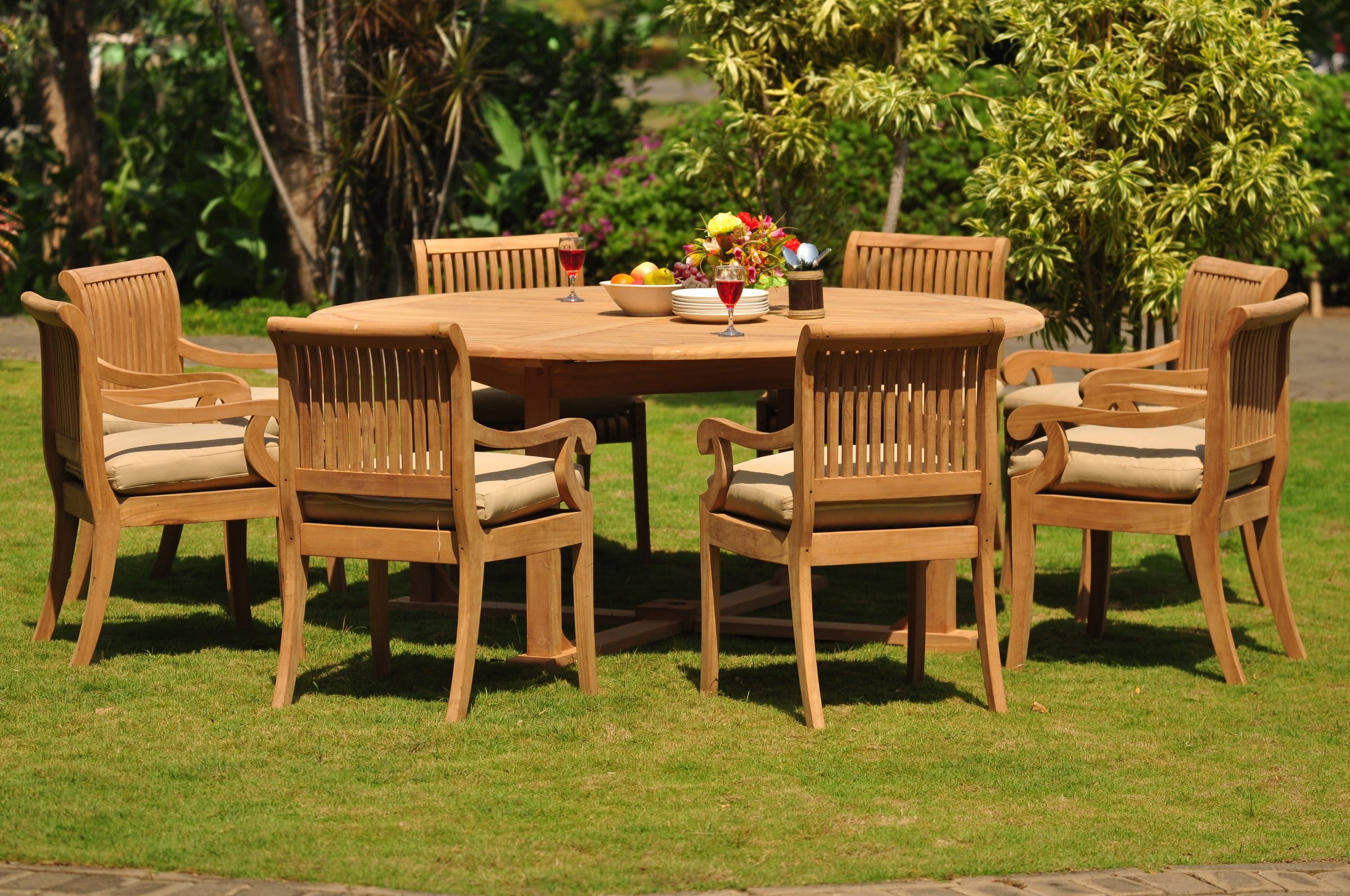 Teak Dining Set: 8 Seater 9 Pc: 72" Round Table And 8 Giva Arm Chairs