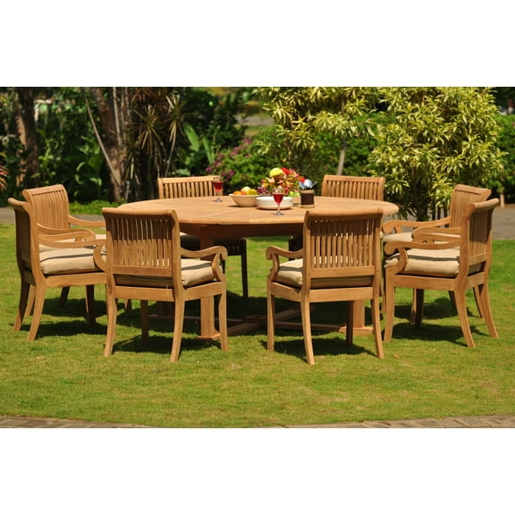 Teak Dining Set: 8 Seater 9 Pc: 72" Round Table And 8 Giva Arm Chairs Outdoor Patio Grade-A Teak Wood WholesaleTeak #WMDSGV31