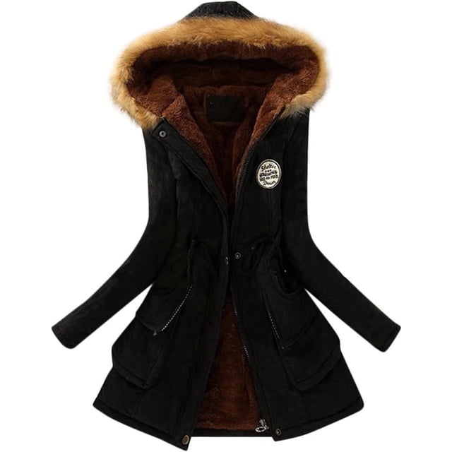 HOSTINGG - chamarra de invierno para mujer, con forro mullido y grueso para mujer, con cierre, chamarra acolchada con capucha y bolsillos, otoño, 3- Negro, Small