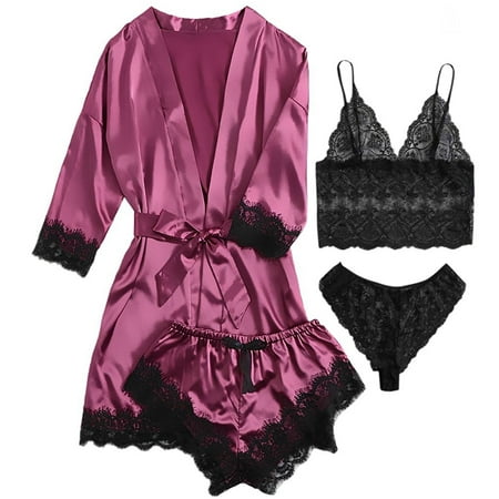 AMITOFO Robes for Women Satin Silk Pajamas Set 4pcs Lace Trim Cami Sexy Lingerie Sleepwear Underwear