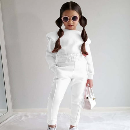 

Honeeladyy Girls 2 Piece Outfits Velour Tracksuit Cute Clothes Sweatsuit Ruffle Pullover Sweatshirt Sweatpants Clothing Sets for Fall Spring Halloween Gift White 4-5Years