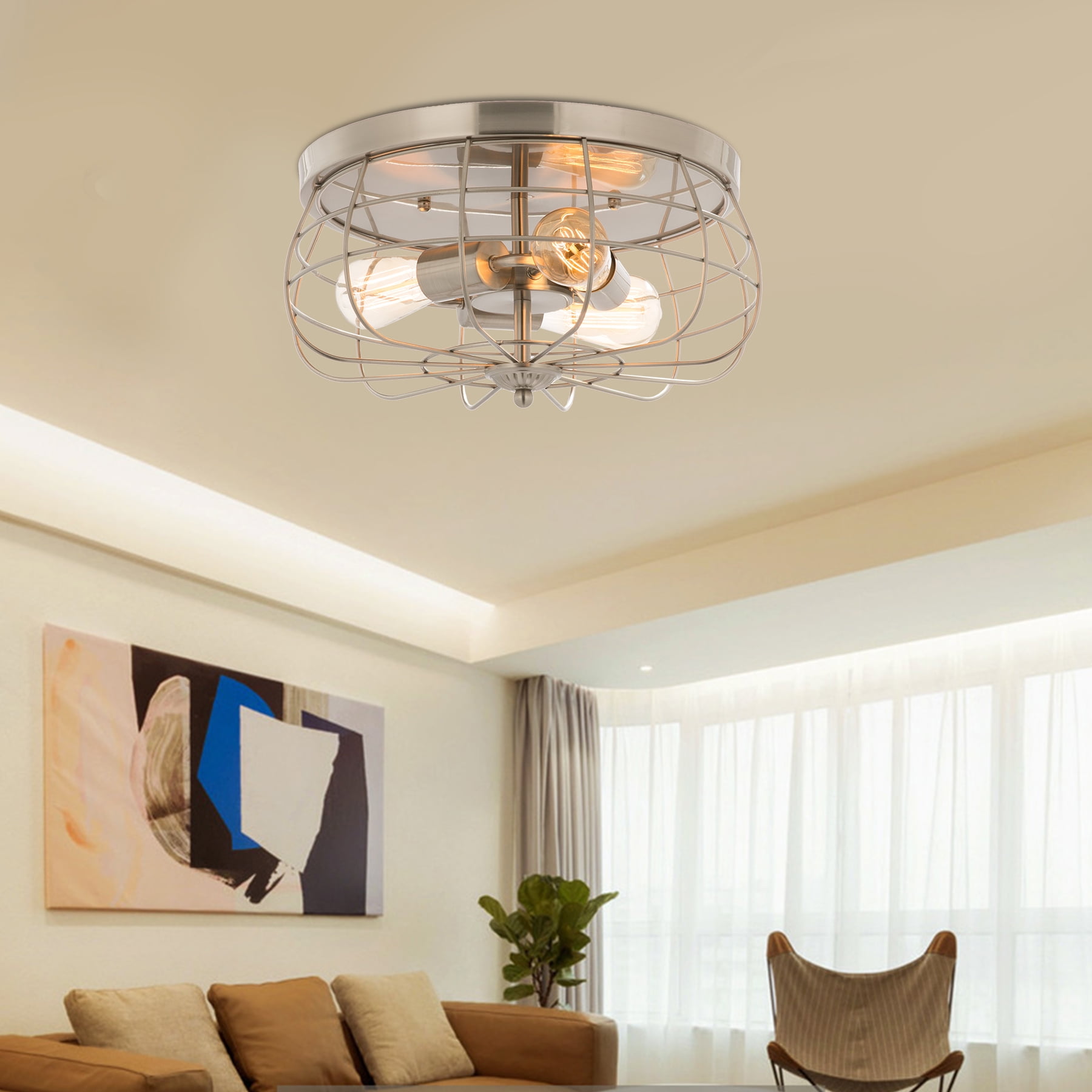 15"3Light Brushed Nickel Retro Metal Cage Flush Mount Ceiling Light