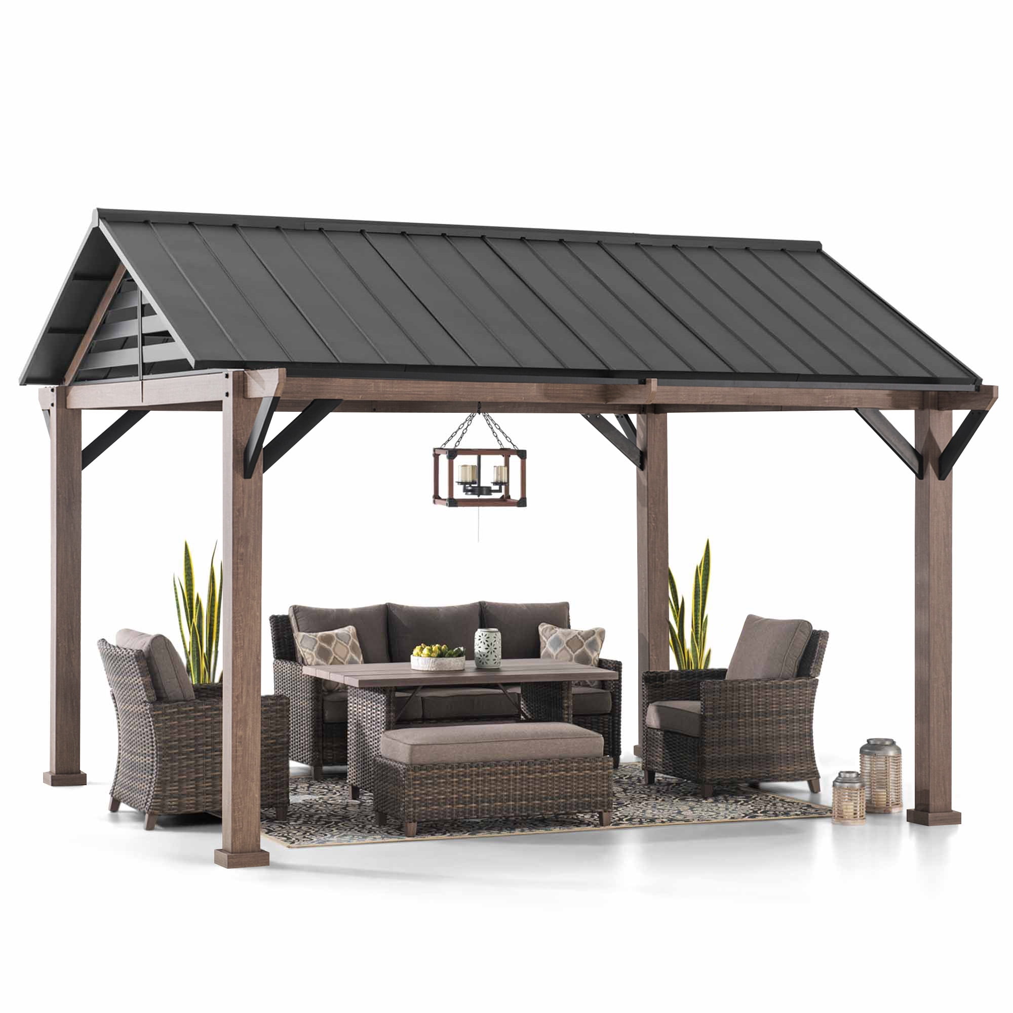 Sunjoy Hardtop Gazebo 13 x 13 ft. Outdoor Galvanized Steel Gazebo with Metal Gable Roof and Ceiling Hook, Suit for Patio and Backyard, Black
