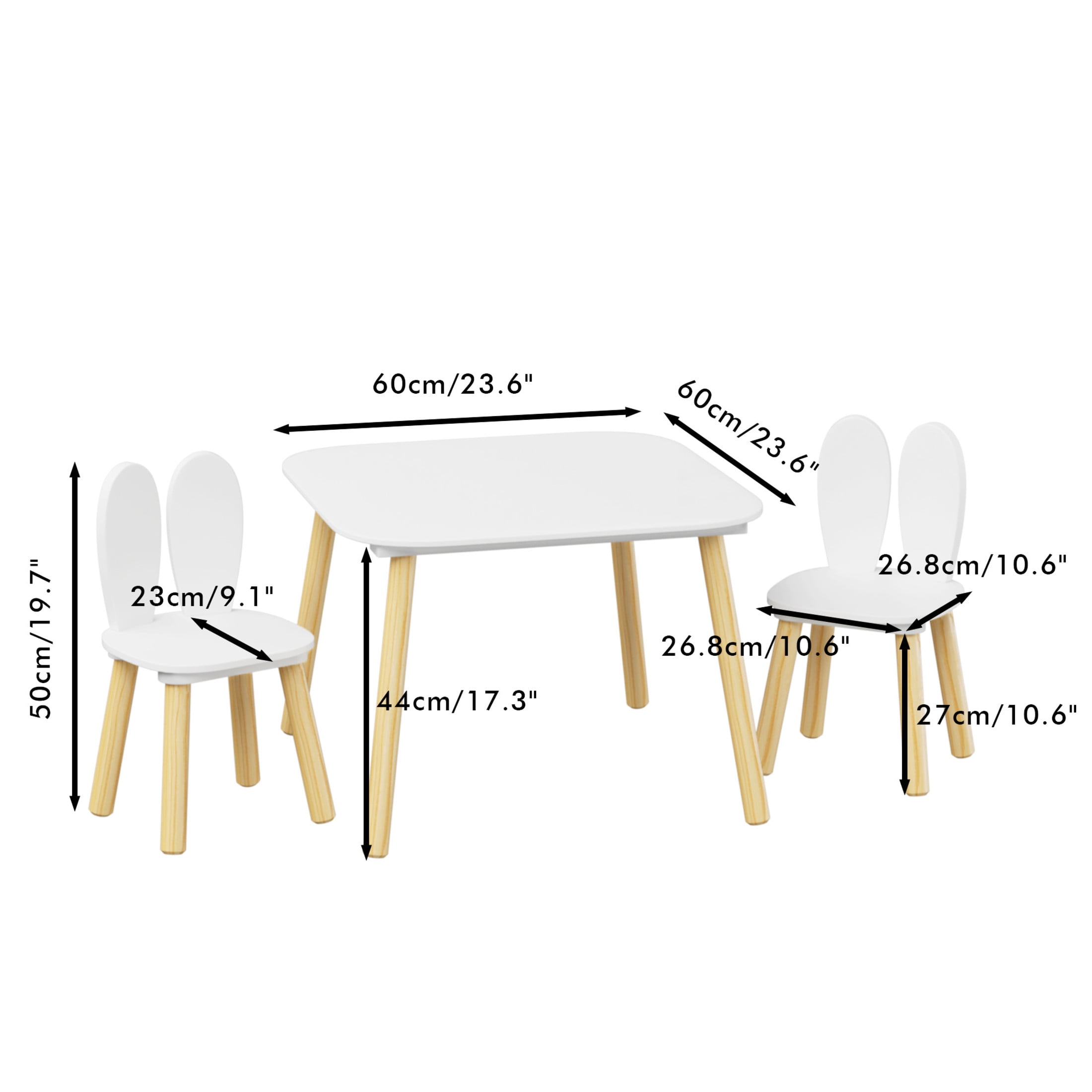 Noble House Kova Kids Table and 2 Rabbit Chairs Set, 3-Piece Wooden Toddler Activity Play Table Set for Bedroom, White