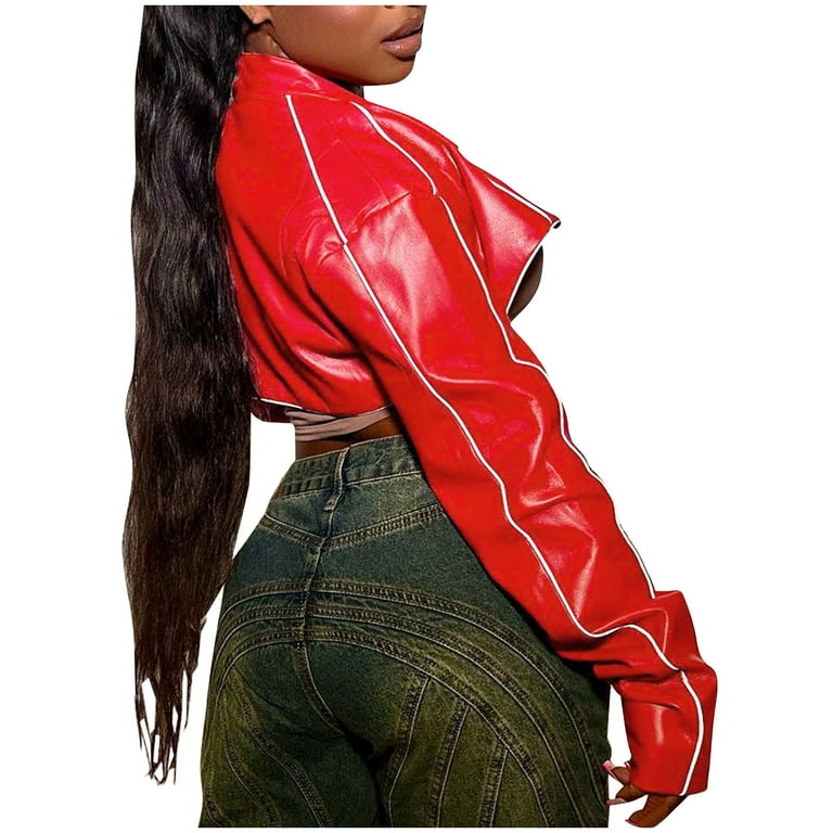 ☆NERDY☆ Women's Glossy Crop Track Top Red Women's Cut Out Asymmetric Mock Neck Faux PU Leather Crop