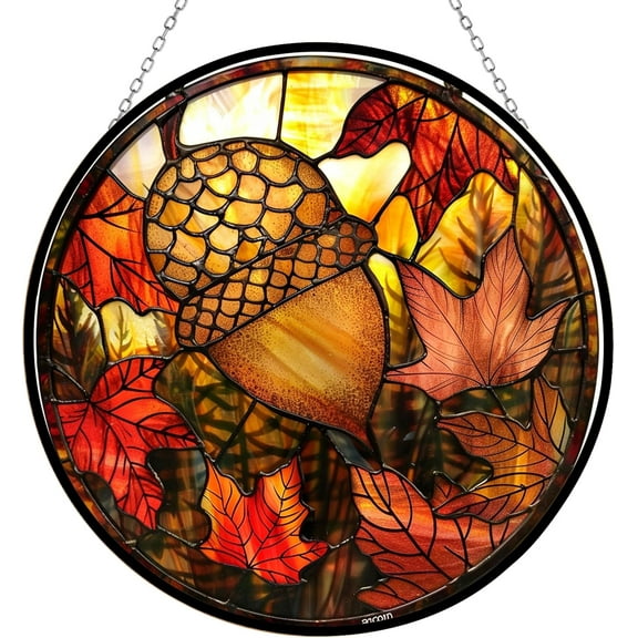 Acorn Stained Glass Window Hanging Window Suncatcher Glass Panel with Metal Chain Sun Catchers Wall Art Home Decor Gift for Women Mother's Day